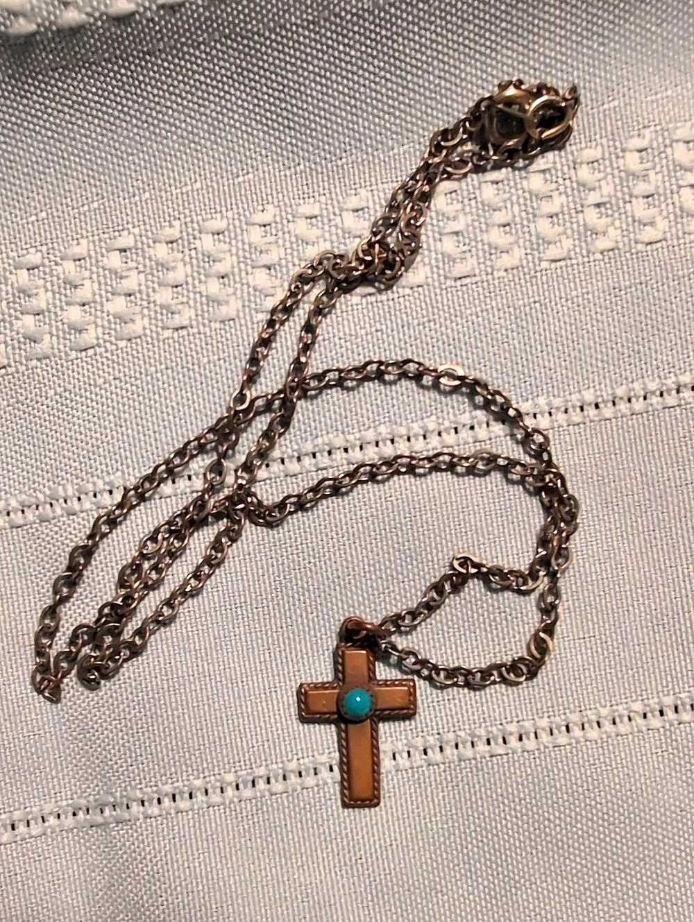 Cross Necklace Copper Tone With Turquoise Center